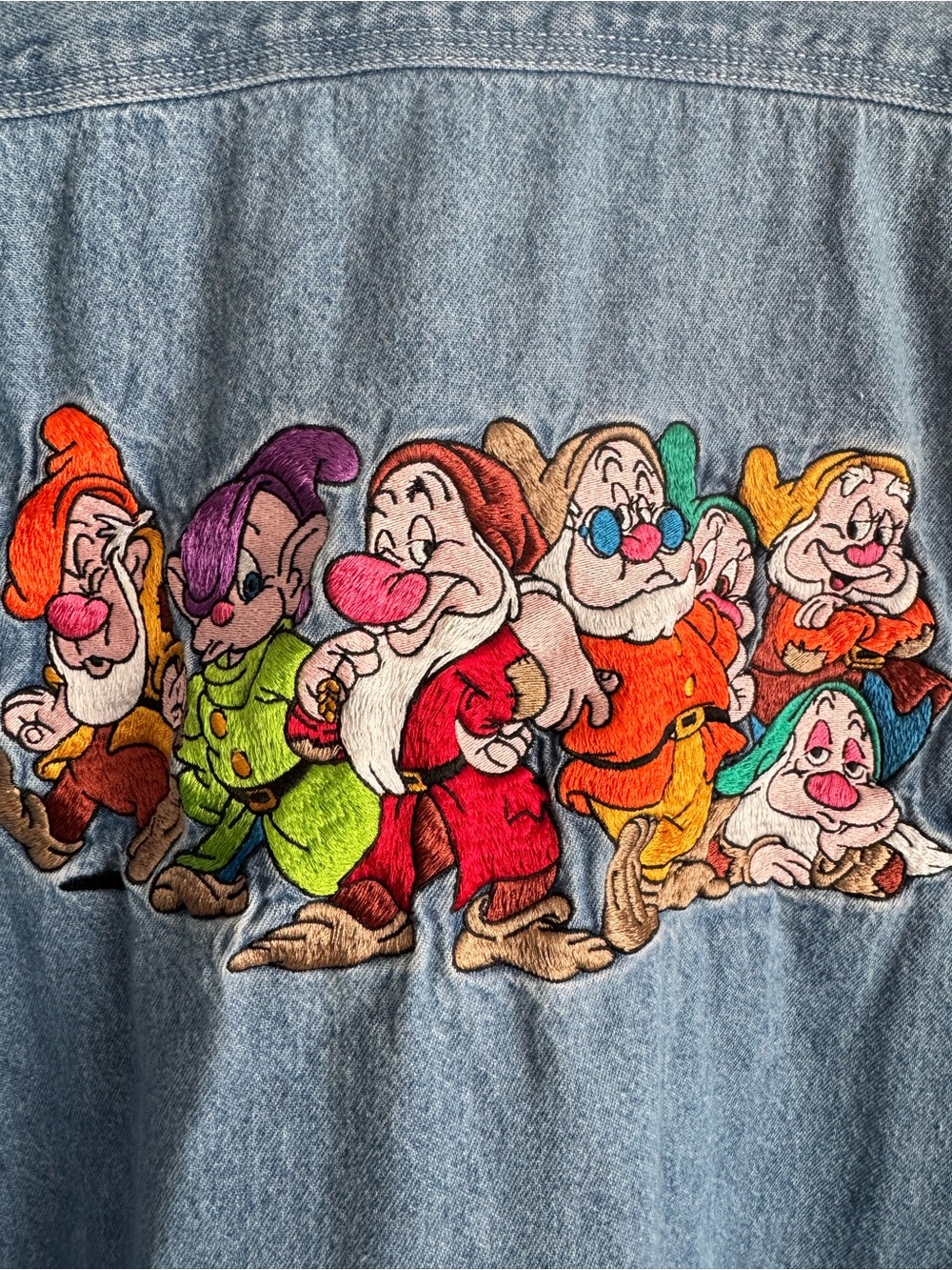 Disney Light Blue Denim Button-Down with Colorful Snow White Dwarfs Embroidery - Picture 5 of 5